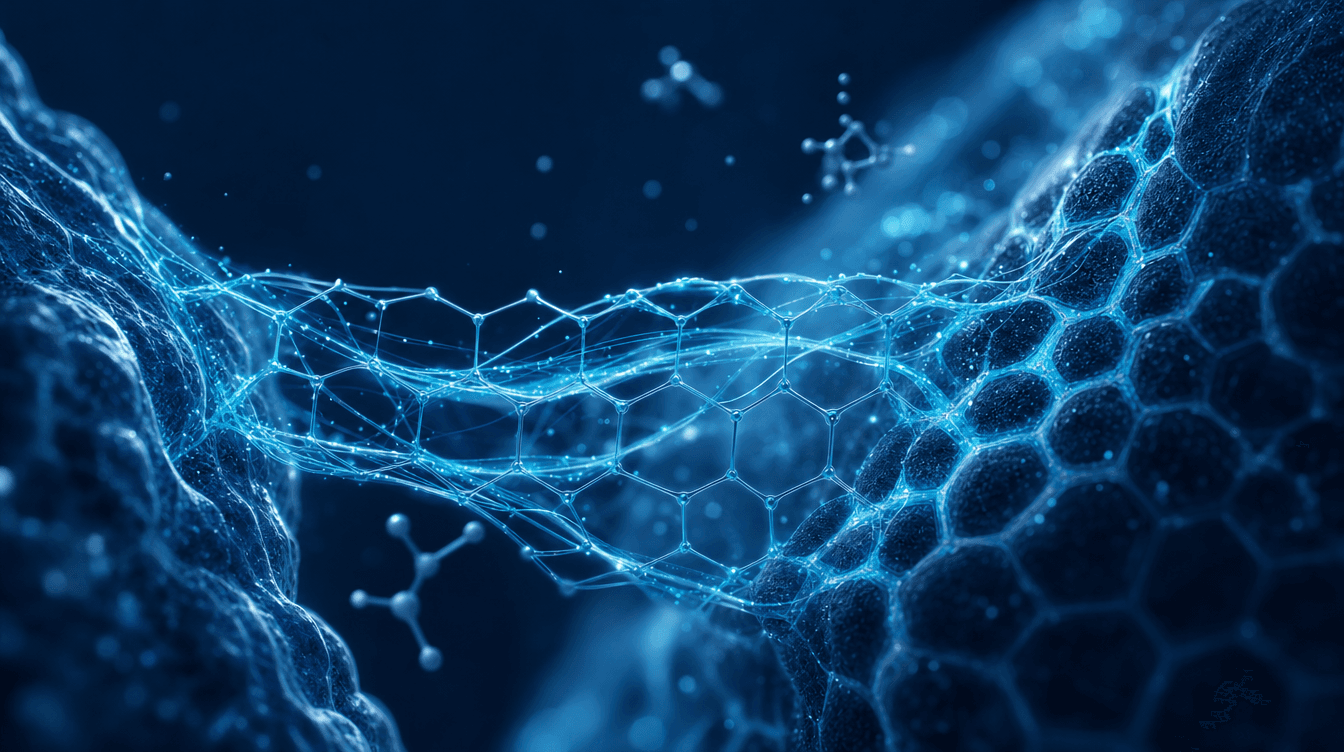 Abstracte cyaan molecuul-lattice die weefselherstel verbeeldt — Peptide Lab