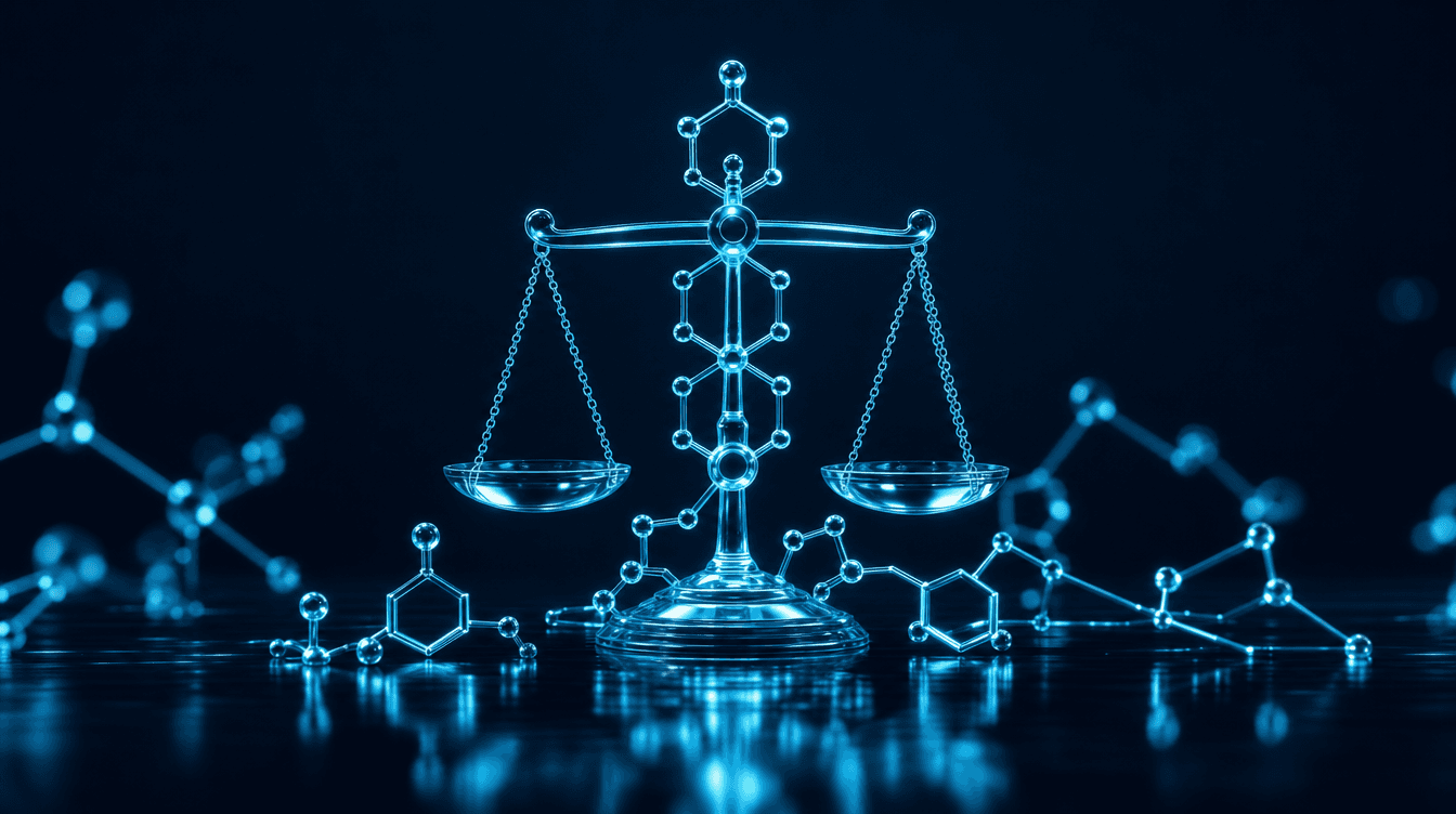 Cyaan weegschaal met moleculaire hexagon-geometrie — research-compliance en legaliteit