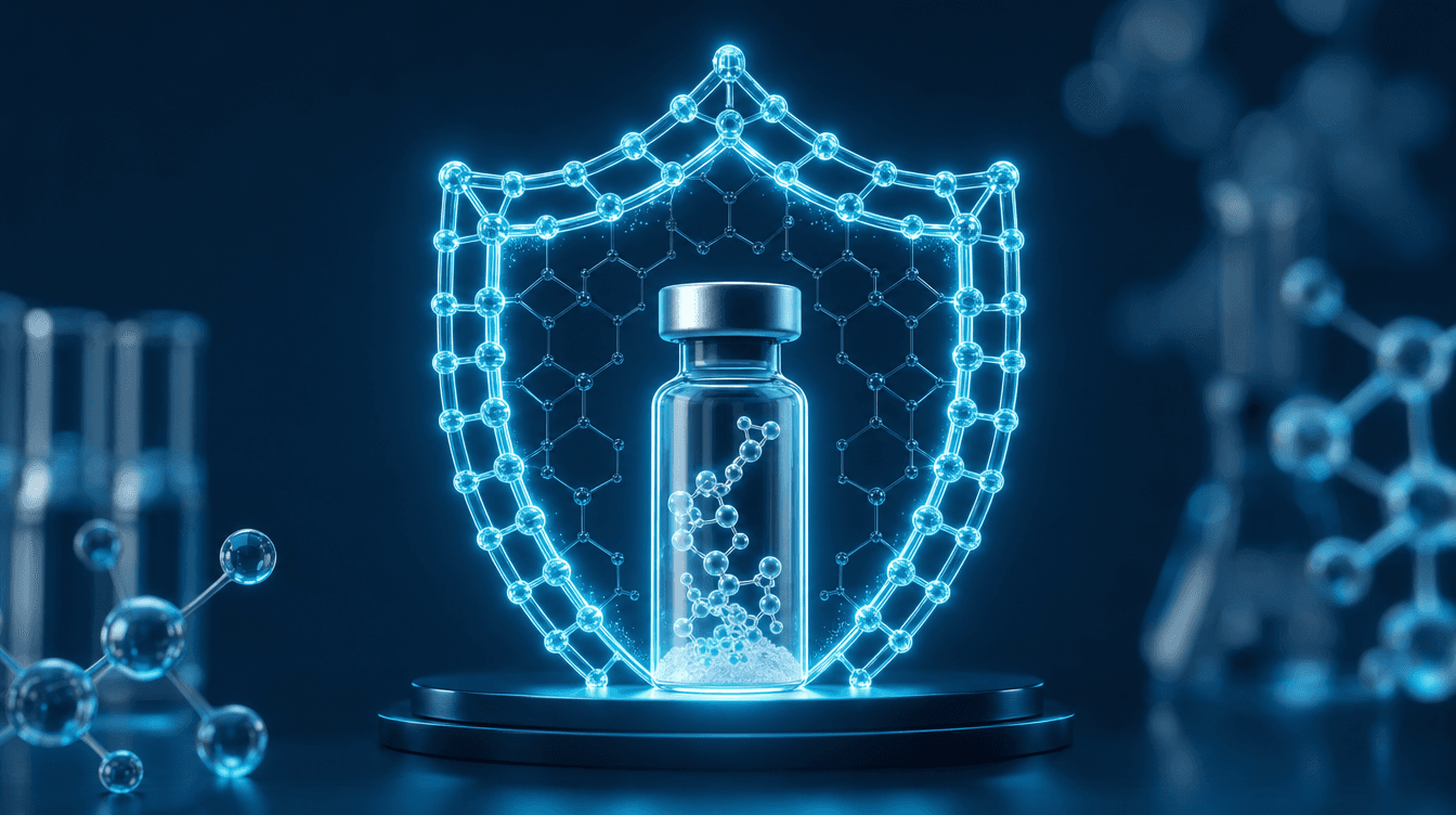 Cyaan moleculair schild dat een research-peptide vial beschermt — zuiverheid en veiligheid