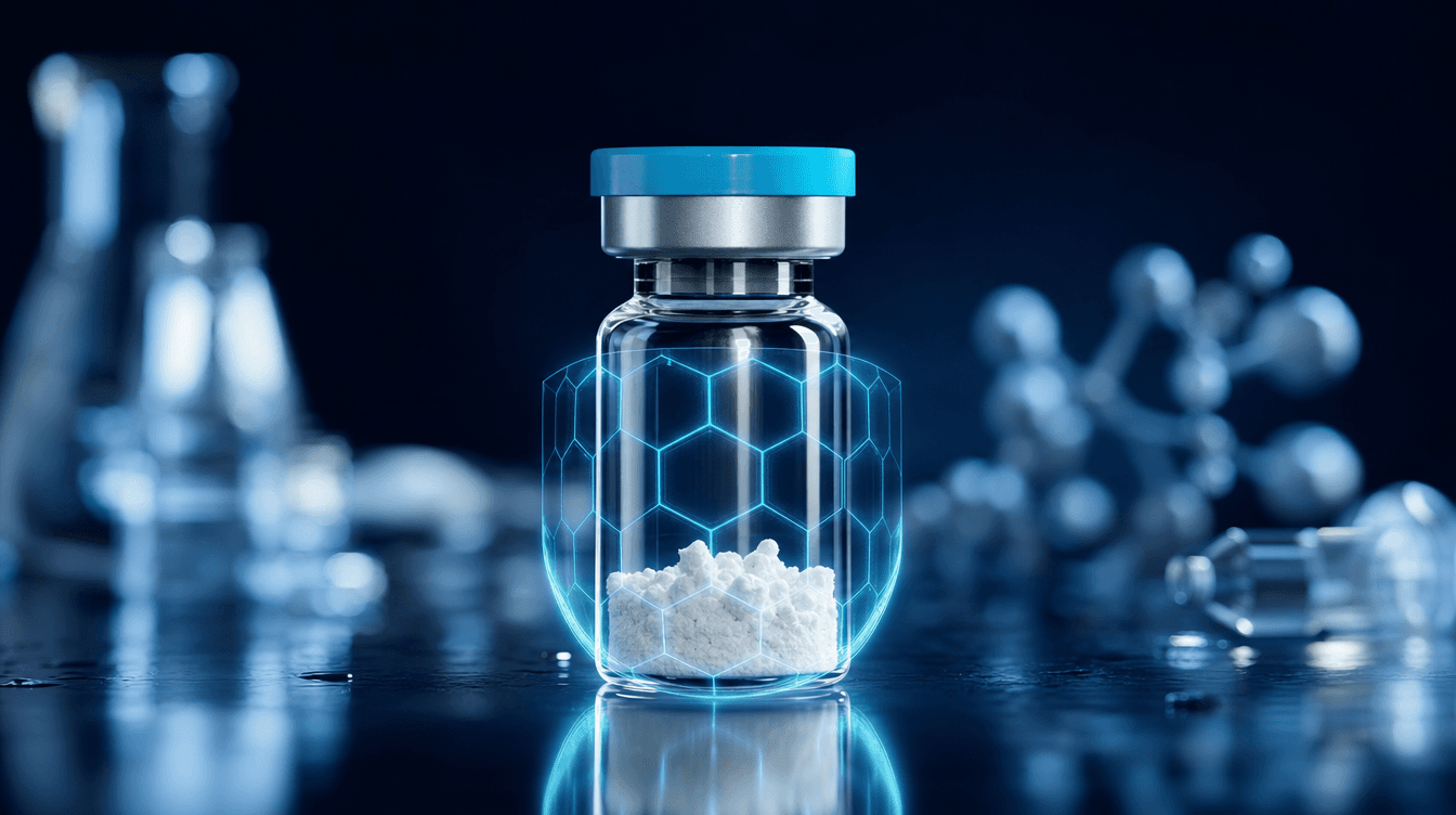 Research peptide vial with a cyan verified glow — BPC-157 quality and COA