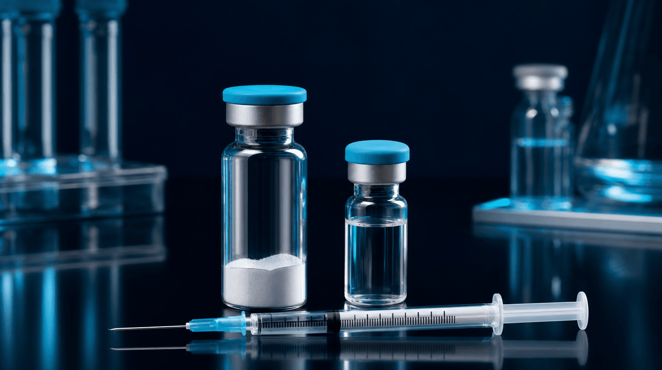 Research peptide vial with insulin syringe and bacteriostatic water — reconstitution in the lab