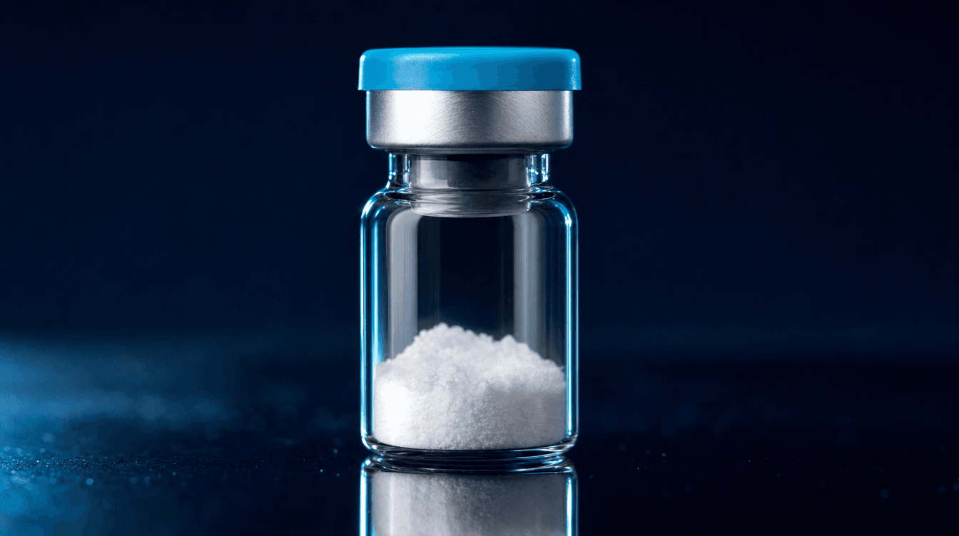 Research-peptide vial met gelyofiliseerd poeder, cyaan dop en metalen kraag in laboratoriumbelichting
