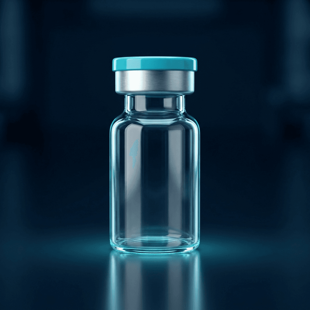 Hochwertiges Forschungspeptid-Vial mit cyanfarbener Kappe und Metallkragen in Laborbeleuchtung