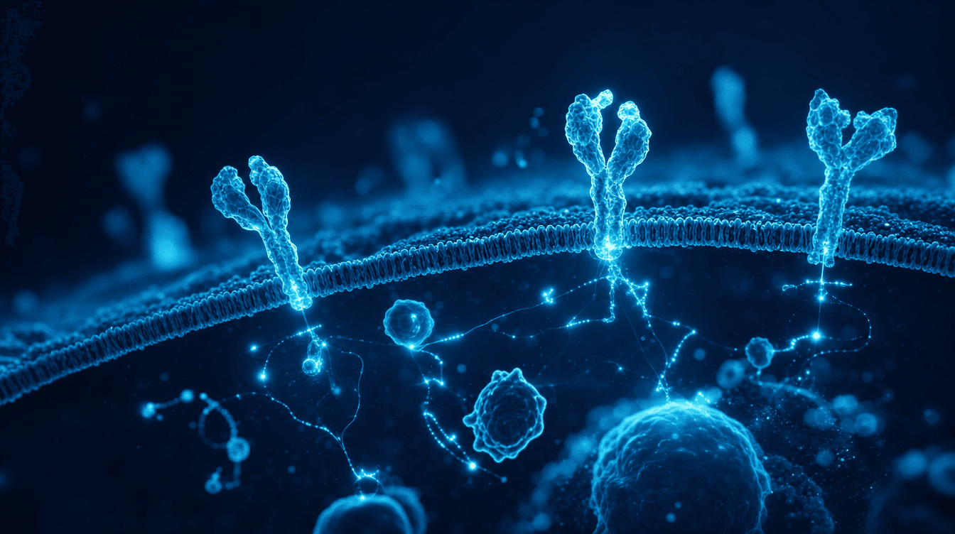 Cyaan visualisatie van metabole onderzoekspeptiden — peptiden voor afvallen
