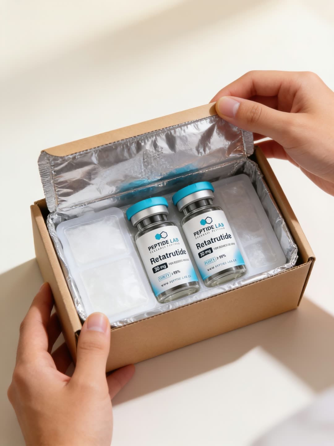Geisoleerd koelpakket met gel packs en peptide vials
