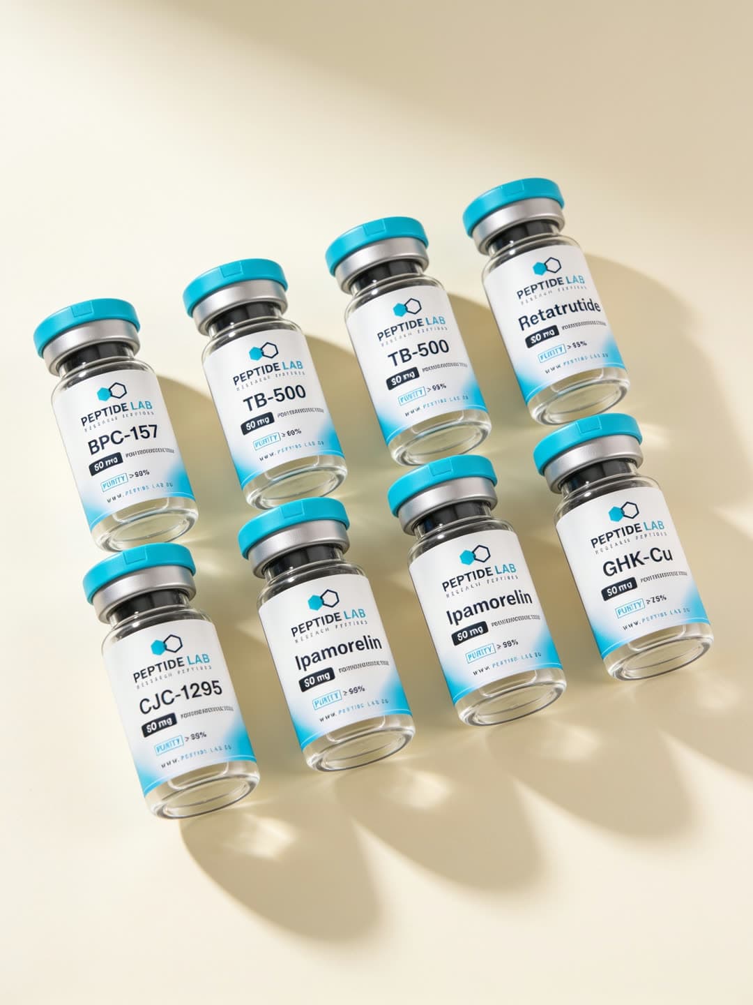 Assortiment Peptide Lab vials met cyaan doppen