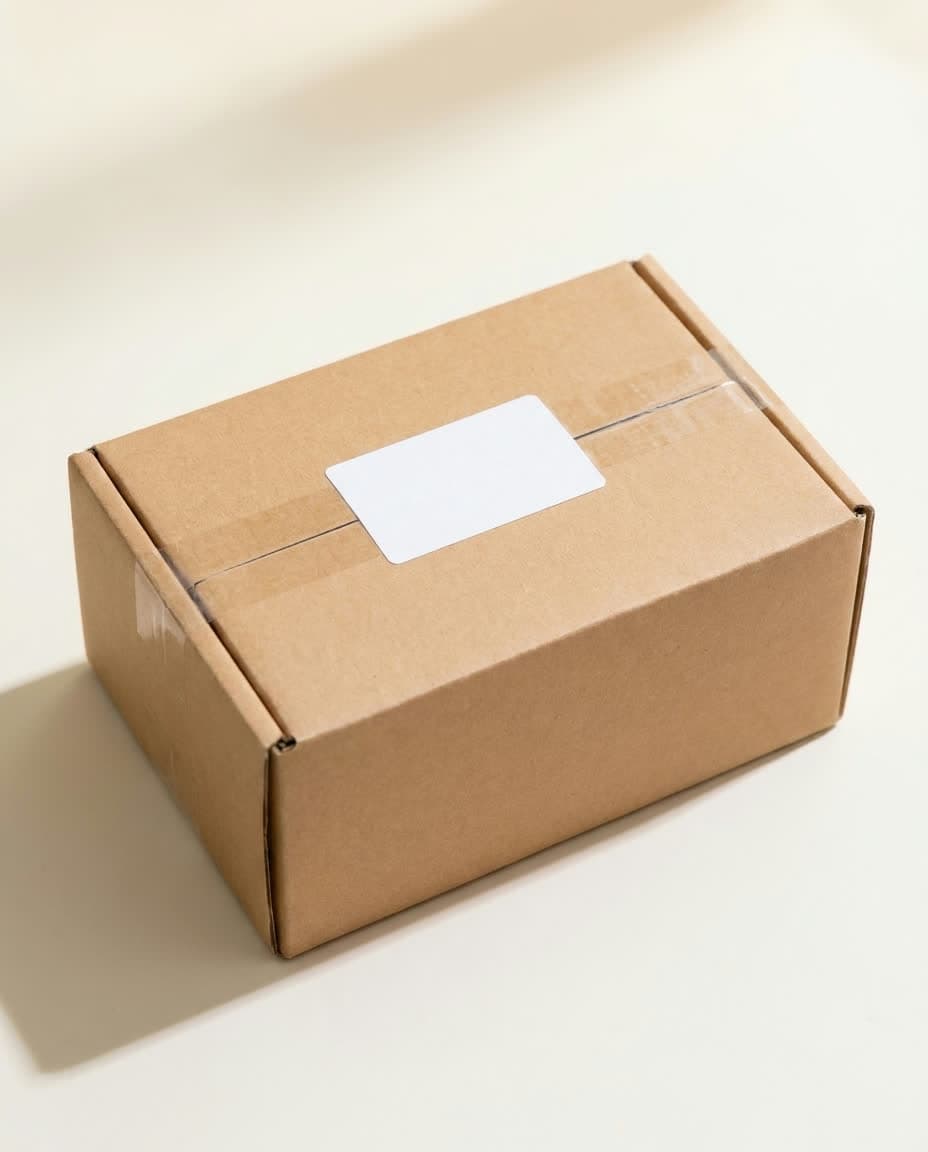 Gesloten neutrale verzenddoos met verzendlabel, klaar voor PostNL