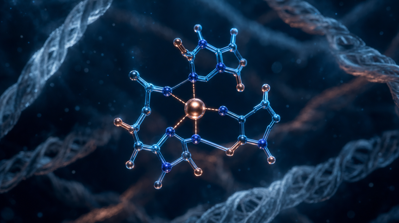 Kupferblaues Tripeptid mit Kupferion und Kollagenfasern — GHK-Cu Kupferpeptid Forschung