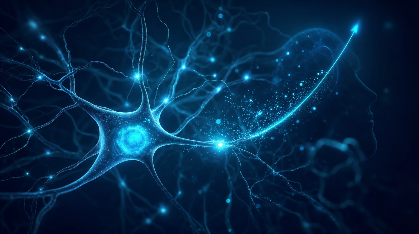 Visualisierung eines Neurons mit aktiven Synapsen und einem BDNF-Signal — Semax Kognitionsforschung